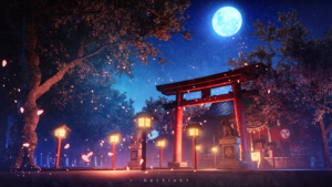 夜桜と神社